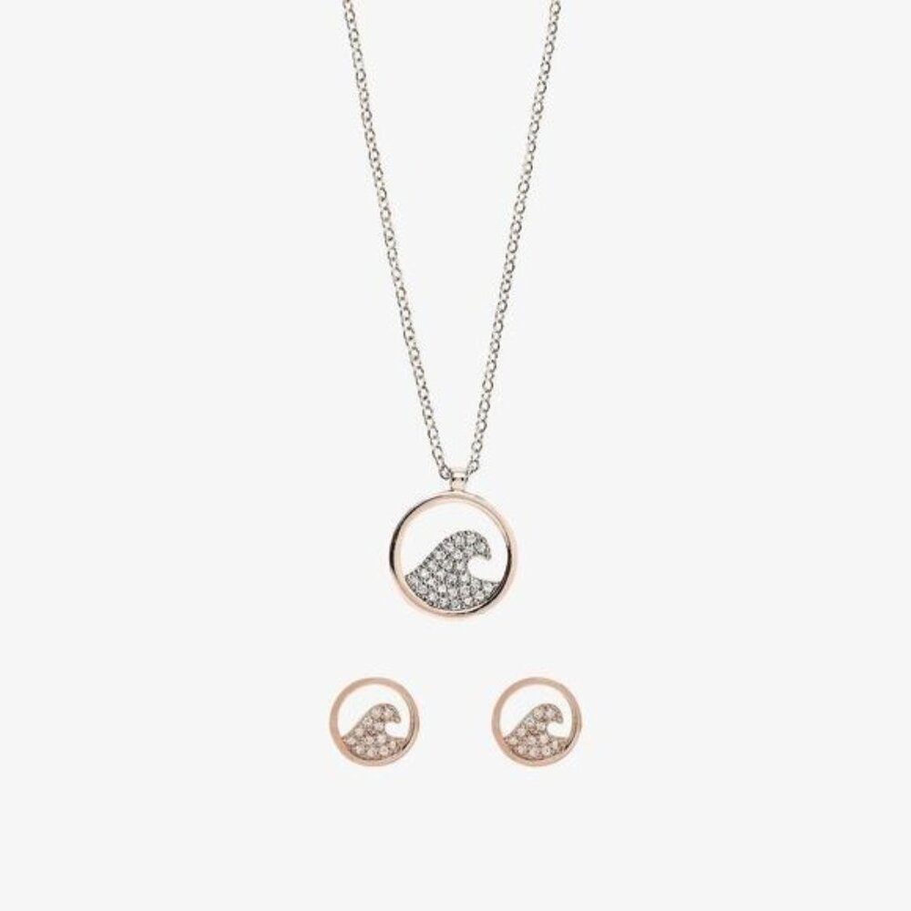 Pura Vida Pave Wave Necklace & Earring Set Rose Gold